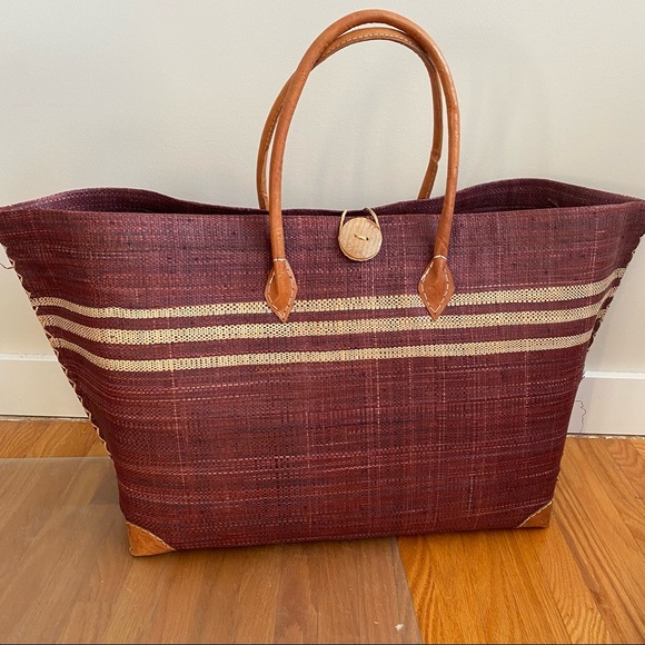 Wicker Tote Bag Burgundy Straw - Picture 2 of 9